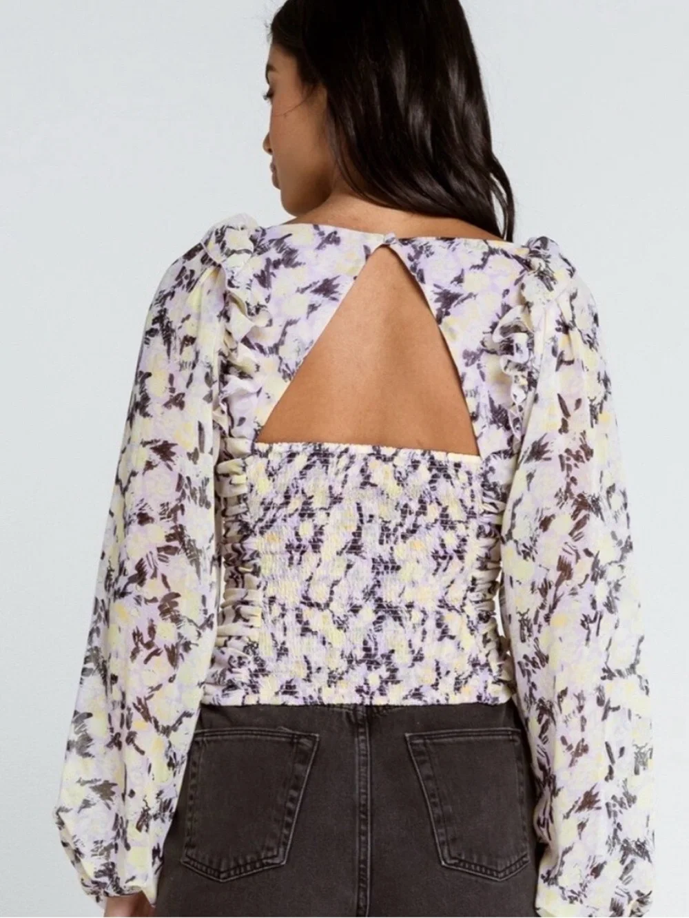 Free People | Lavender Floral Ruffle Smocked Puff-Sleeve Top